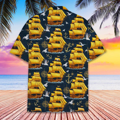 Vintage Pirate Ship Hawaiian Shirt — Nautical Ocean Aloha Button-Down