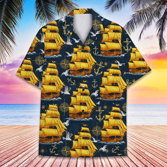 Vintage Pirate Ship Hawaiian Shirt — Nautical Ocean Aloha Button-Down