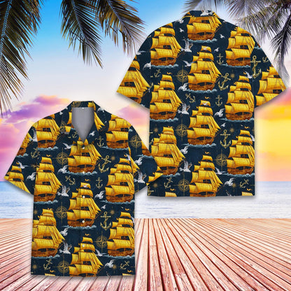 Vintage Pirate Ship Hawaiian Shirt — Nautical Ocean Aloha Button-Down