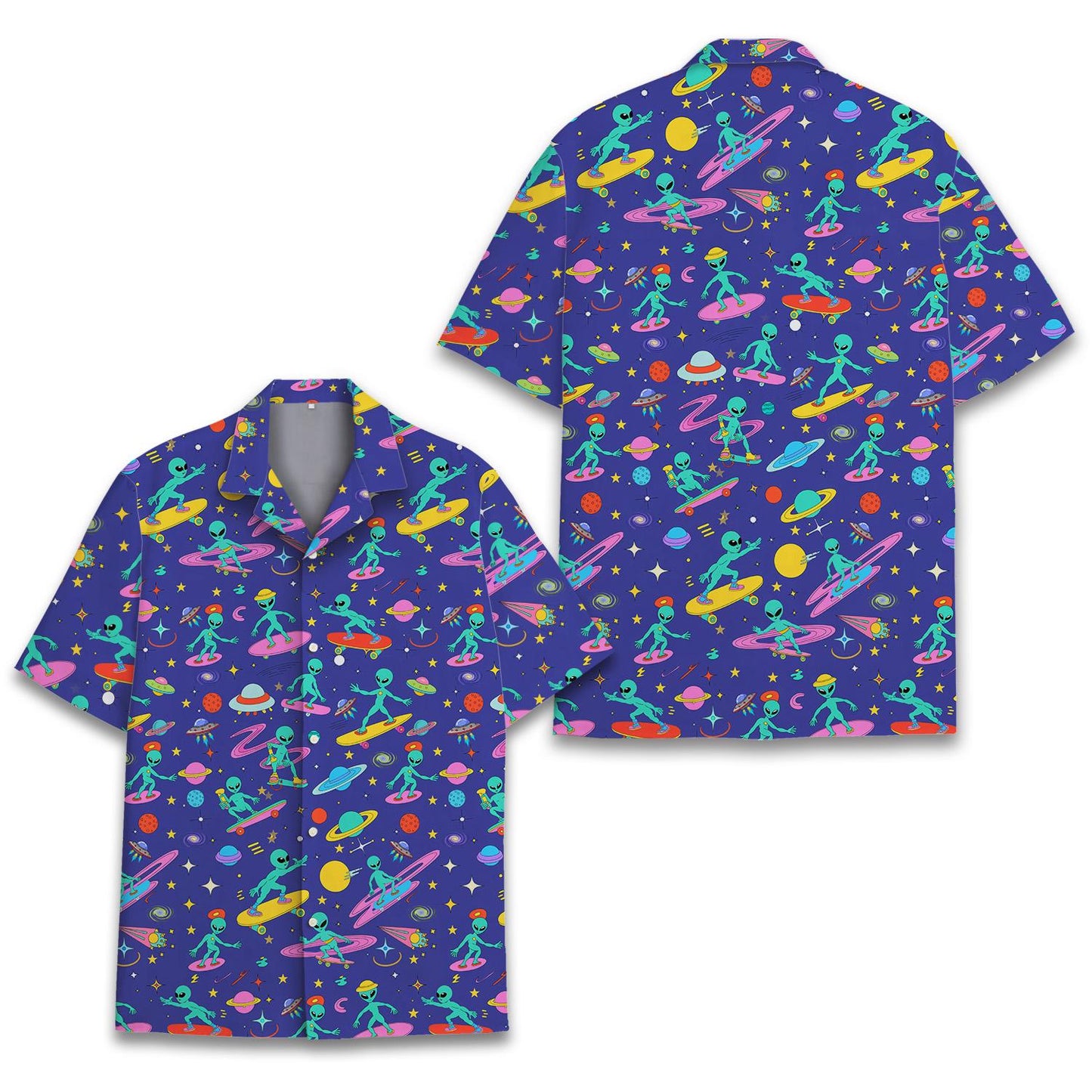 Surfing Alien Hawaiian Shirt — Funny UFO Beach Aloha Button-Down
