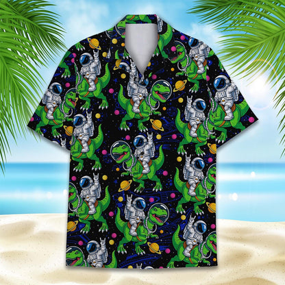 Astronaut Dinosaur Hawaiian Shirt — Funny Space T-Rex Aloha Button-Down