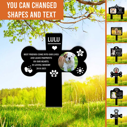 Personalized Dog Memorial Cross Sign, Custom Name Photo Pet Grave Marker – Pawprint Sympathy Gift, Outdoor Remembrance