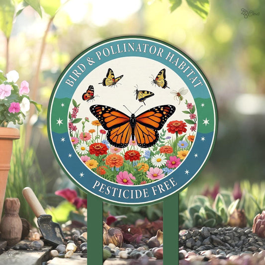 Bird & Pollinator Habitat Metal Yard Sign – Pesticide Free Butterfly Garden Stake, Gift For Garden Lovers