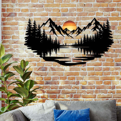 Mountain Lake Sunset Metal Wall Art – Forest Nature Sign, Gift For Cabin Lover