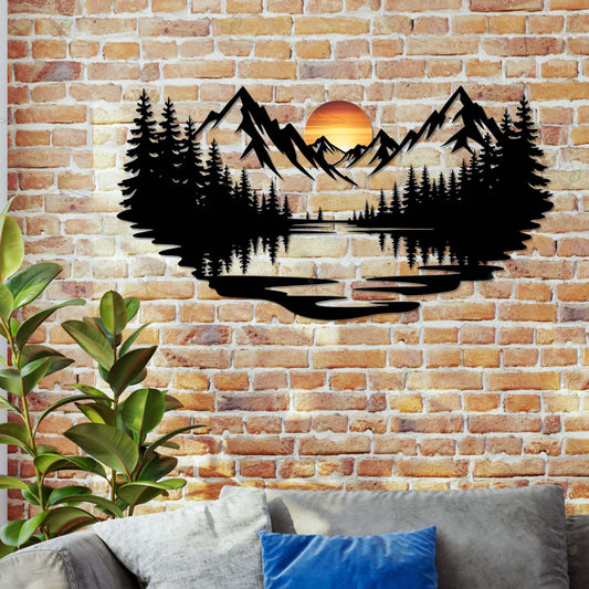 Mountain Lake Sunset Metal Wall Art – Forest Nature Sign, Gift For Cabin Lover
