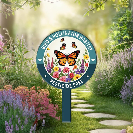 Bird And Pollinator Habitat Garden Sign – Pesticide Free Monarch Butterfly Yard Stake, Gift For Mom Or Gardener