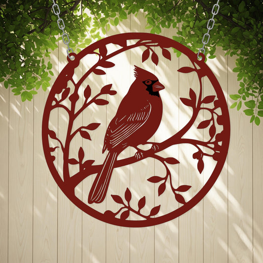 Cardinal Bird Metal Wall Art – Round Tree Branch Sign, Gift For Wildlife Lover