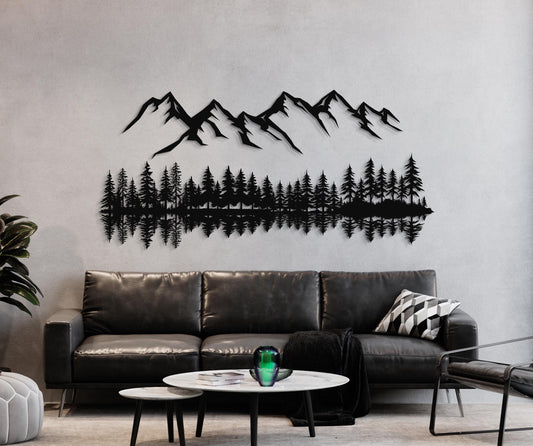 Mountain Forest Metal Wall Art, Rustic Landscape Steel Sculpture, Large Nature Wall Decor For Cabin, Living Room Or Outdoor Accent