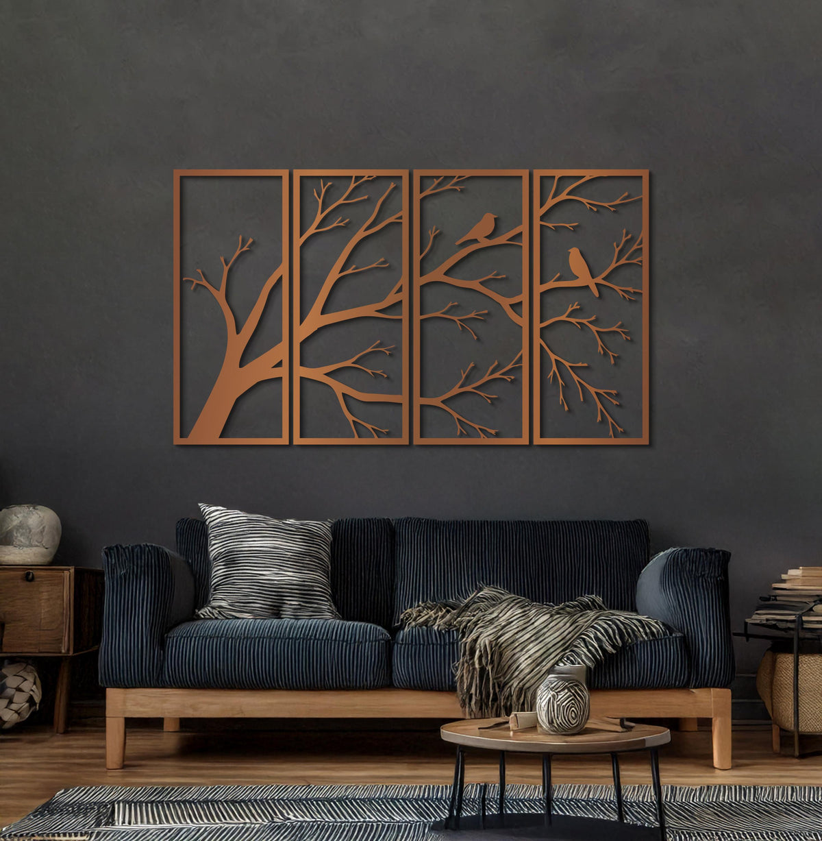Birds On Tree Metal Wall Art — 4-panel Modern Nature Sculpture, Large Multi-panel Wall Decor For Living Room, Bedroom Or Entryway