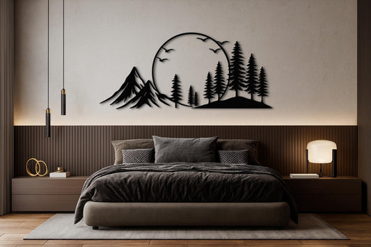 Mountain Forest Metal Wall Art — Modern Nature Landscape Sculpture, Minimalist Metal Decor With Sun & Birds For Living Room Or Bedroom
