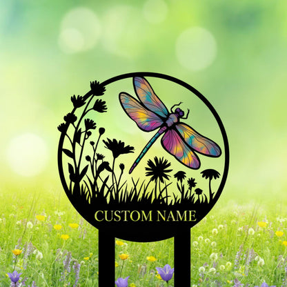 Personalized Dragonfly Garden Stake – Custom Name Wildflower Sign, Gift For Nature Lover