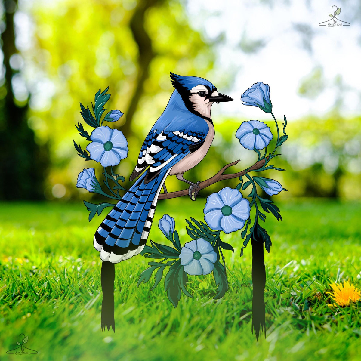 Blue Jay On Branch Metal Garden Stake – Colorful Floral Yard Art, Bird Lover Gift