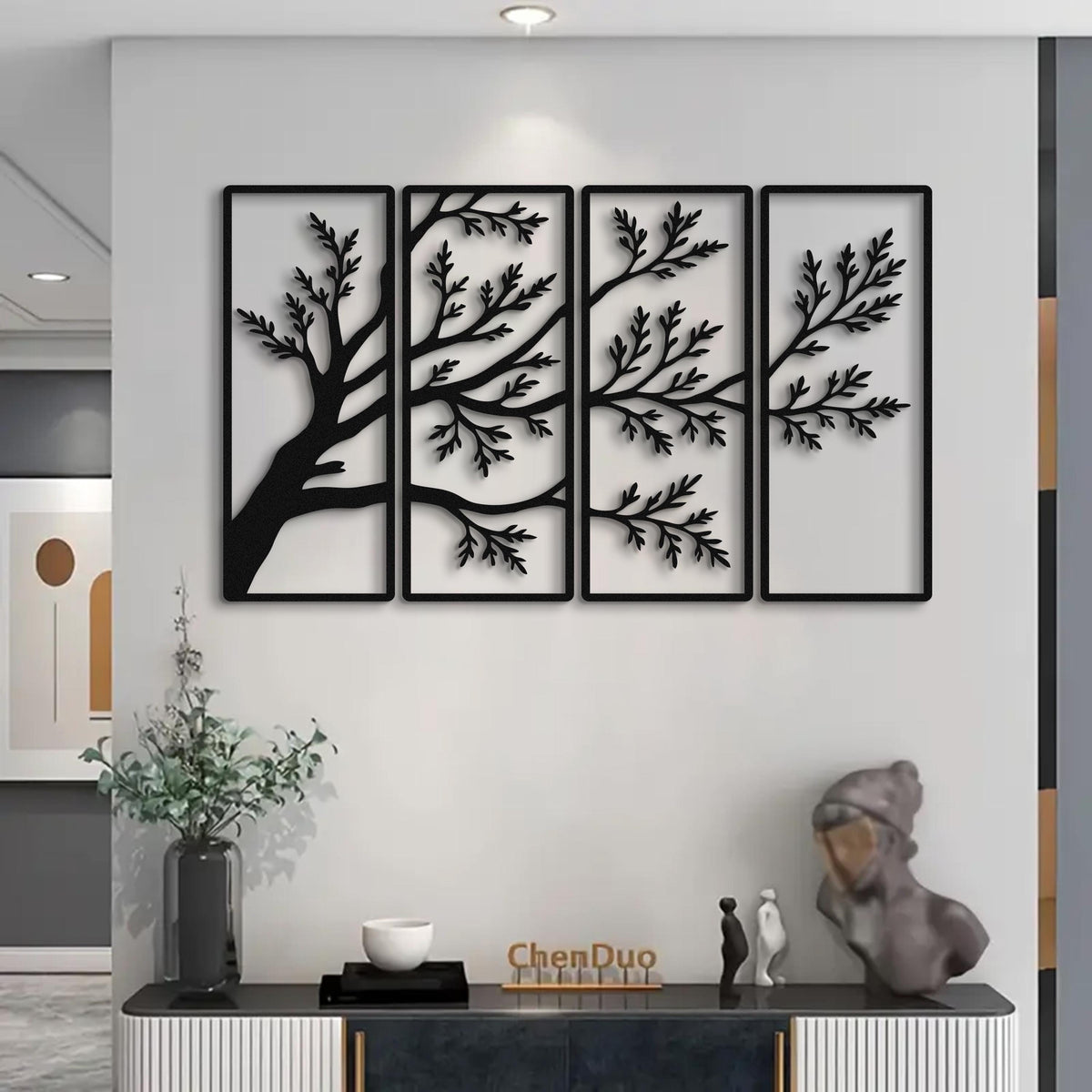 4 Panel Tree Branch Metal Wall Art, Modern Nature Inspired Wall Decor, Large Black Metal Wall Sculpture, Livingroom & Above Bed Decor