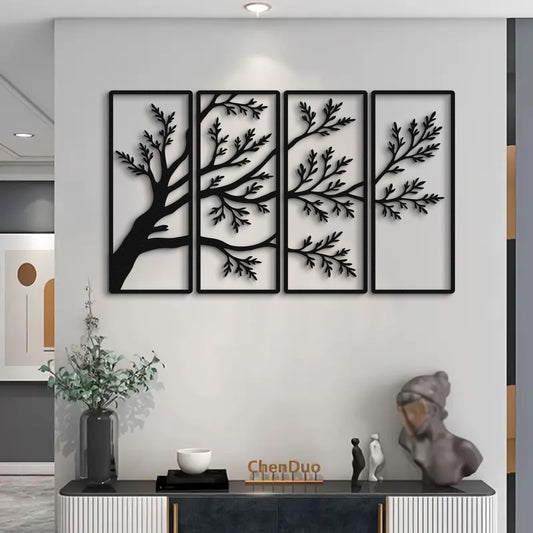 4 Panel Tree Branch Metal Wall Art, Modern Nature Inspired Wall Decor, Large Black Metal Wall Sculpture, Livingroom & Above Bed Decor