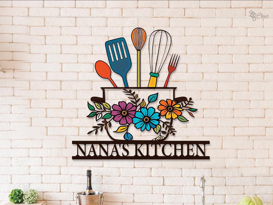 Personalized Kitchen Utensils Metal Sign – Custom Name Floral Wall Decor, Gift For Grandma Or Mom
