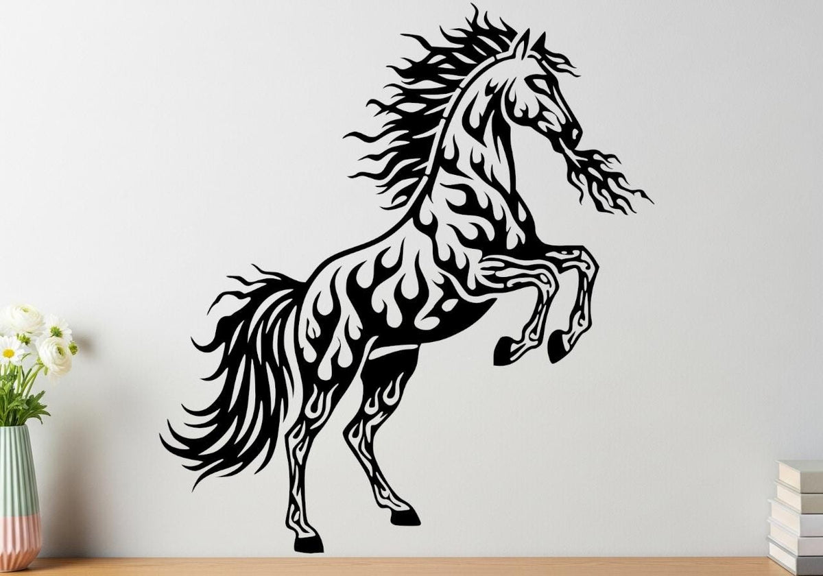 Flaming Horse Metal Wall Art, Rearing Stallion Black Steel Decor