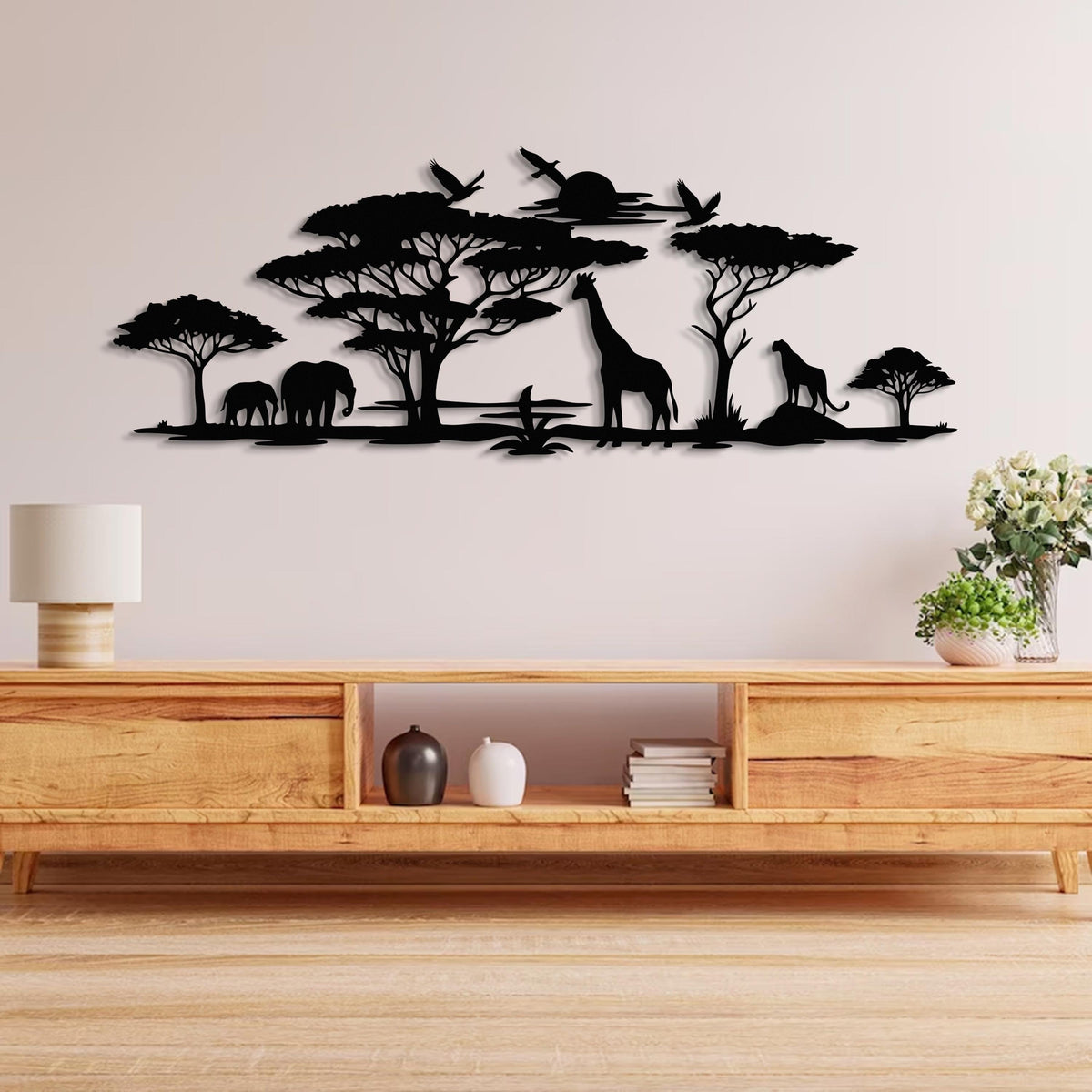 African Safari Metal Wall Art, Nature Landscape Metal Wall Decor, Large Black Metal Wall Sculpture, Livingroom & Above Bed Decor