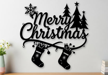 Metal Merry Christmas Sign | Christmas Stocking Wall Art | Custom Steel Holiday Decor | Laser Cut Xmas Gift - Christmas Wall Decor