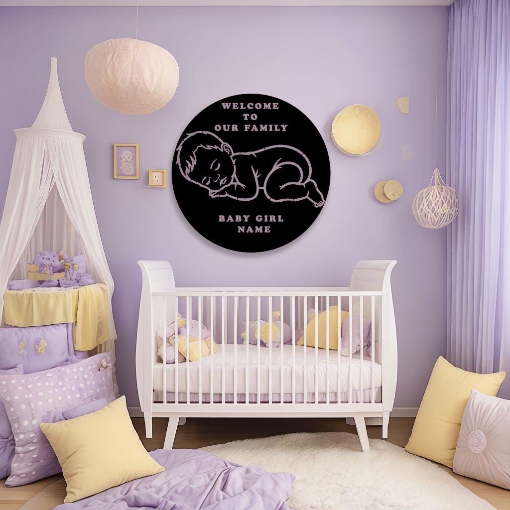 Personalized Baby Girl Name Sign | Metal Nursery Wall Art, Round Welcome Plaque