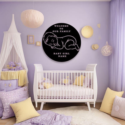Personalized Baby Girl Name Sign | Metal Nursery Wall Art, Round Welcome Plaque