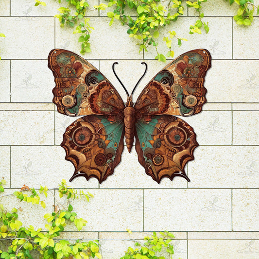 Steampunk Butterfly Metal Wall Art – Brown And Teal Ornate Decor, Gift For Garden Wall Or Housewarming