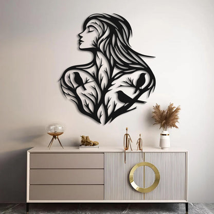 Woman Nature Silhouette Metal Wall Art, Modern Black Metal Decor, Contemporary Line Sculpture, Unique Livingroom Wall Art