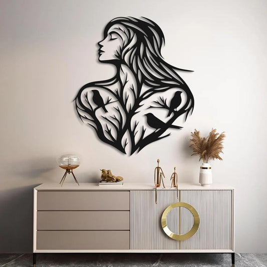 Woman Nature Silhouette Metal Wall Art, Modern Black Metal Decor, Contemporary Line Sculpture, Unique Livingroom Wall Art