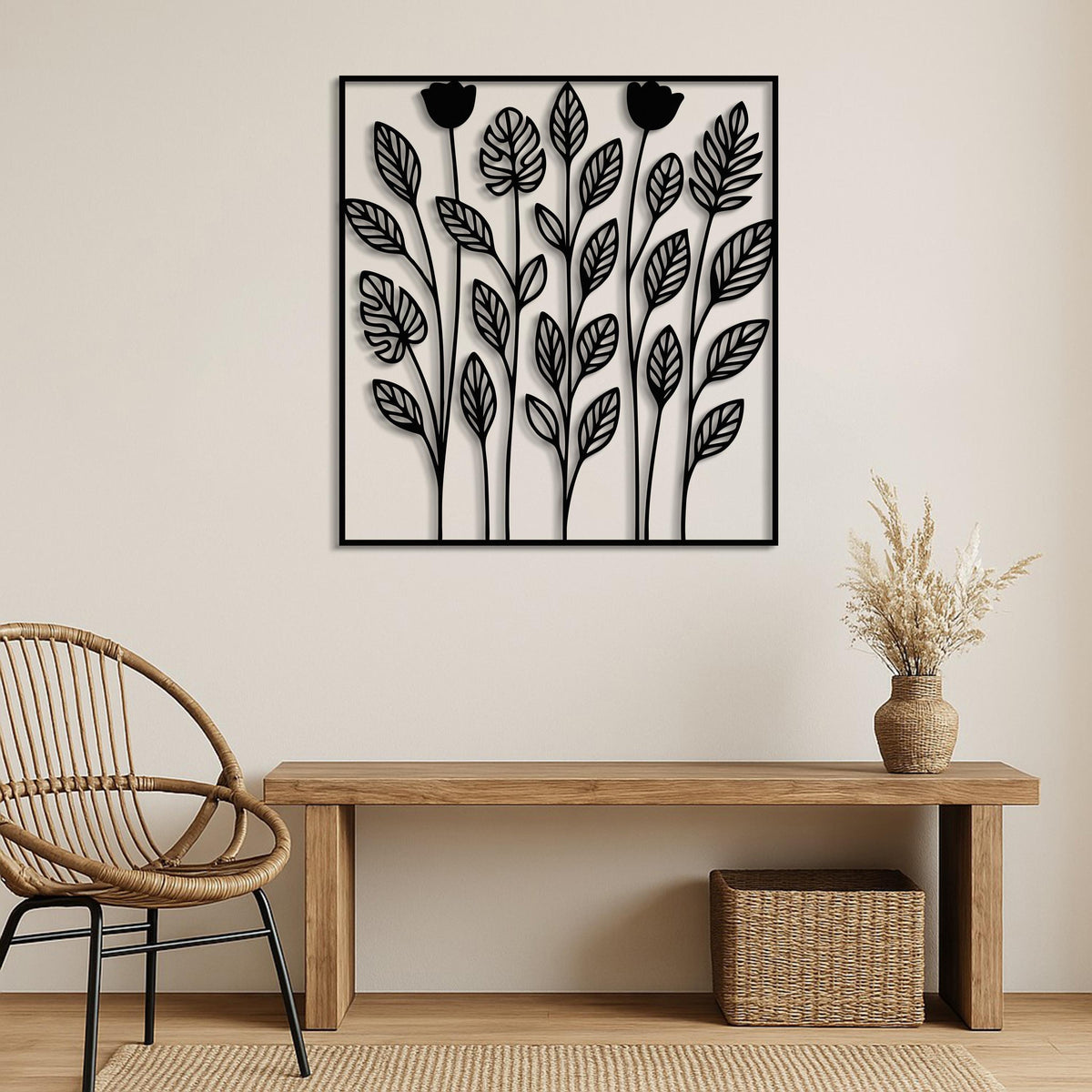 Metal Floral Wall Art, Botanical Leaf Decor, Modern Nature Steel Wall Hanging, Black Metal Wall Sculpture, Livingroom & Entryway Decor