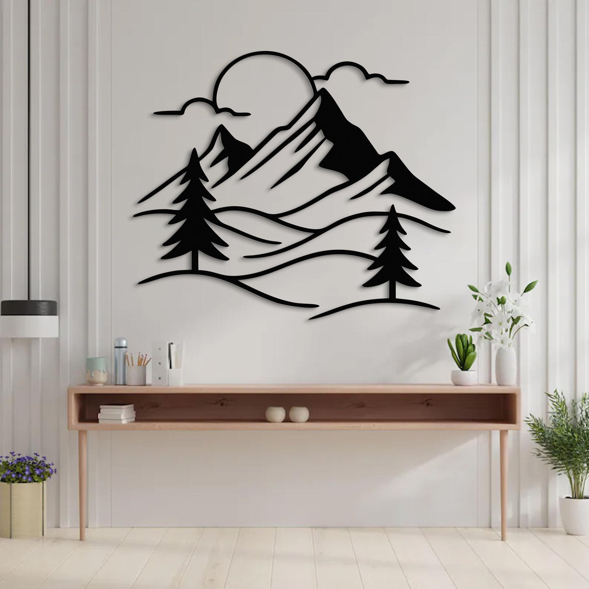 Mountain Metal Wall Art, Modern Nature Wall Decor, Black Metal Landscape, Minimal Mountain Scene, Livingroom Wall Art, Contemporary Decor