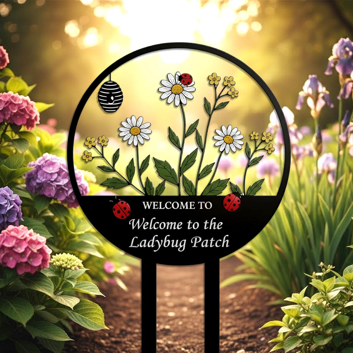 Ladybug Garden Welcome Sign – Daisy Flower Yard Stake, Gift For Garden Lover
