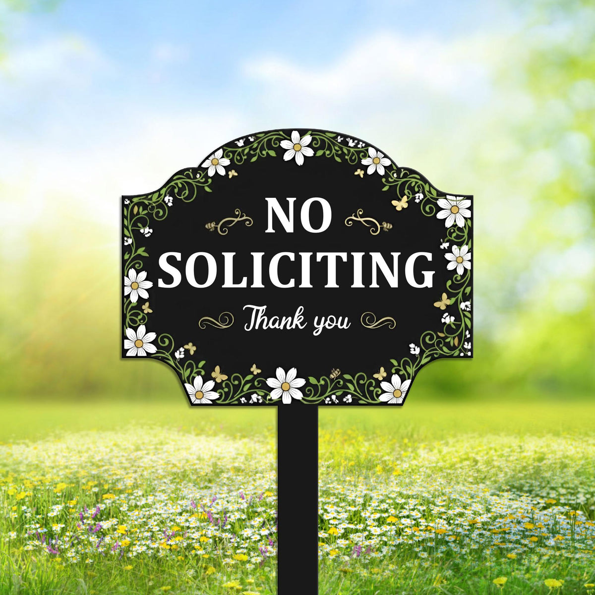Daisy No Soliciting Metal Yard Sign – Floral Garden Stake, Front Yard Decor