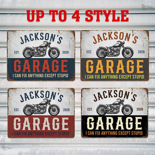 Personalized Garage Metal Sign – Custom Name Vintage Motorcycle Workshop Plaque, Gift For Him Dad Or Man Cave