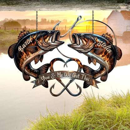 Personalized Fishing Couple Metal Sign – Custom Name Bass Fish Wall Art, Lake House Gift For Couples