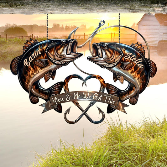 Personalized Fishing Couple Metal Sign – Custom Name Bass Fish Wall Art, Lake House Gift For Couples