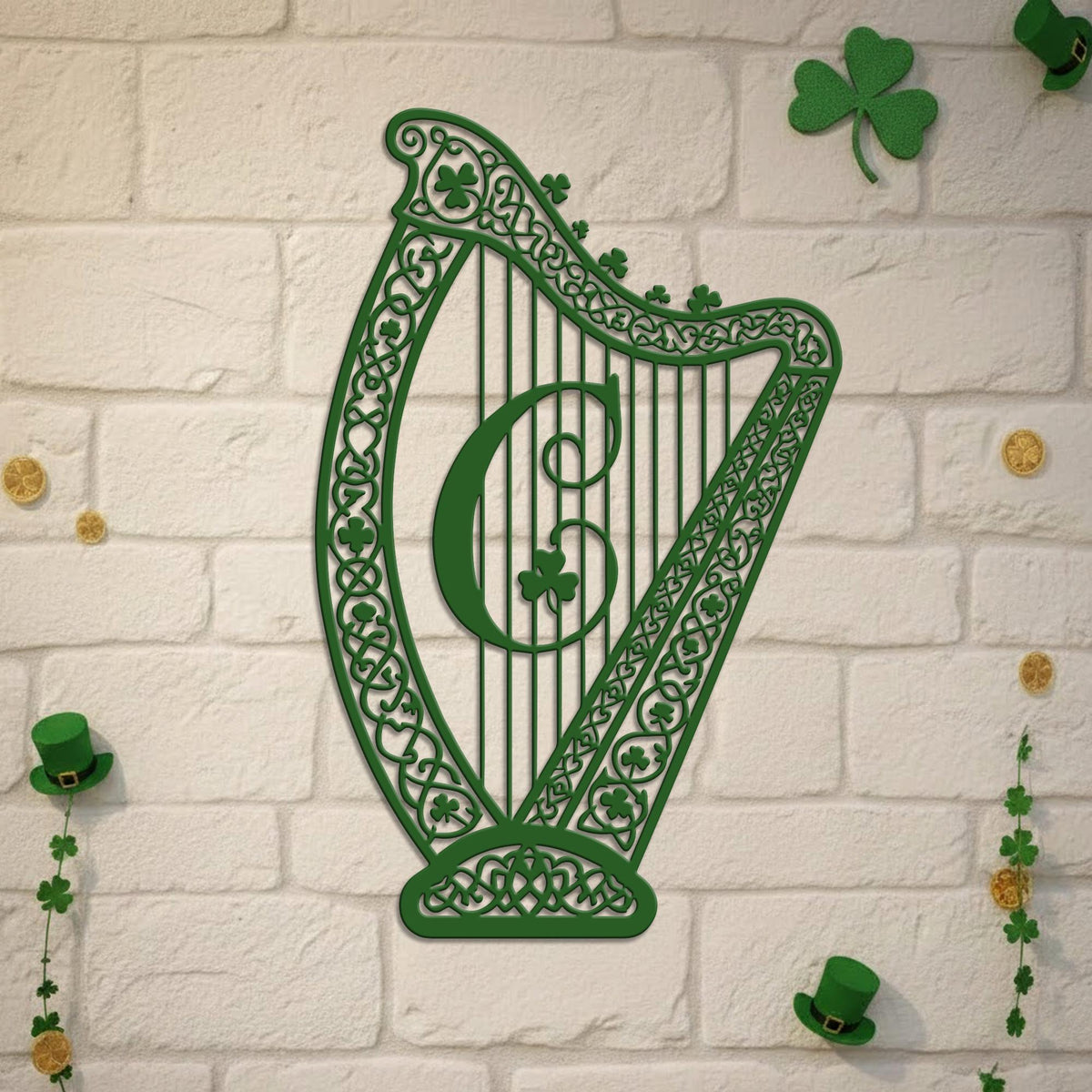 Personalized Irish Harp Metal Wall Art – Custom Monogram Celtic Shamrock Decor, St Patricks Day Gift