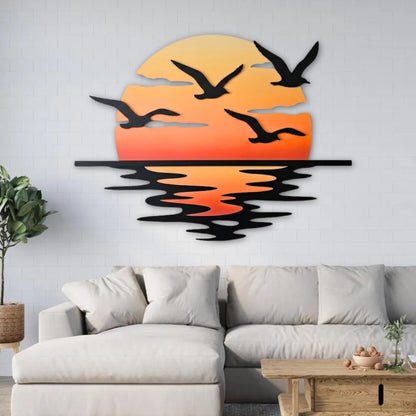 Sunset Seagull Metal Wall Art – Ocean Reflection Coastal Beach House Decor, Gift For Ocean Lover