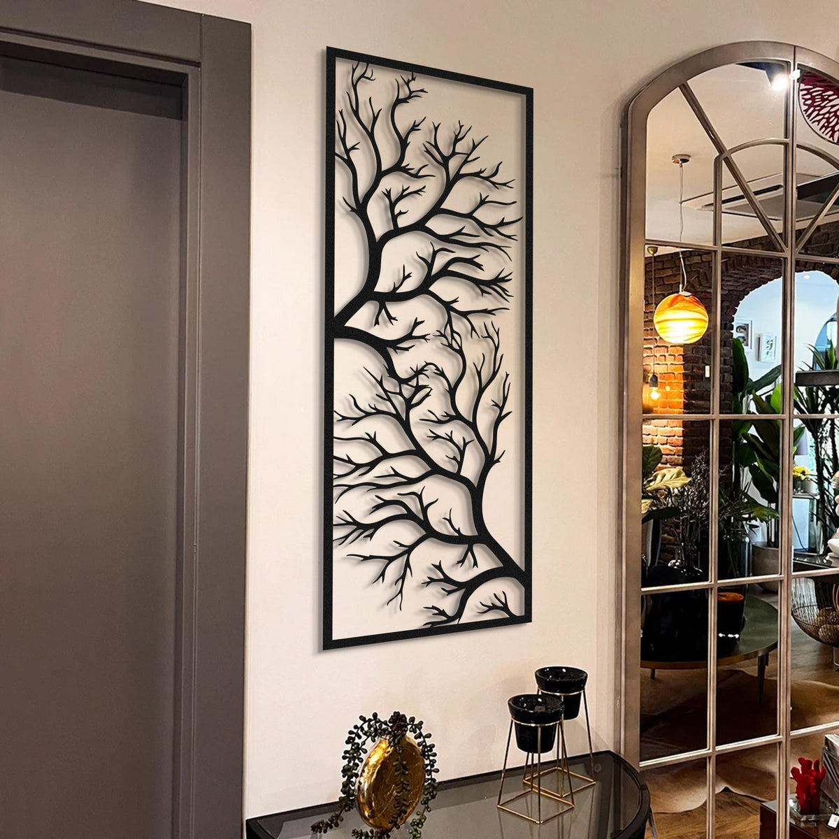 Tree Branch Metal Wall Art, Framed Metal Wall Decor, Nature Metal Wall Art, Minimalist Black Metal Wall Sculpture, Vertical Livingroom Decor