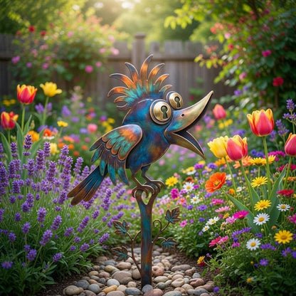 Whimsical Bird Garden Stake – Colorful Metal Yard Art Sculpture, Gift For Garden Lovers