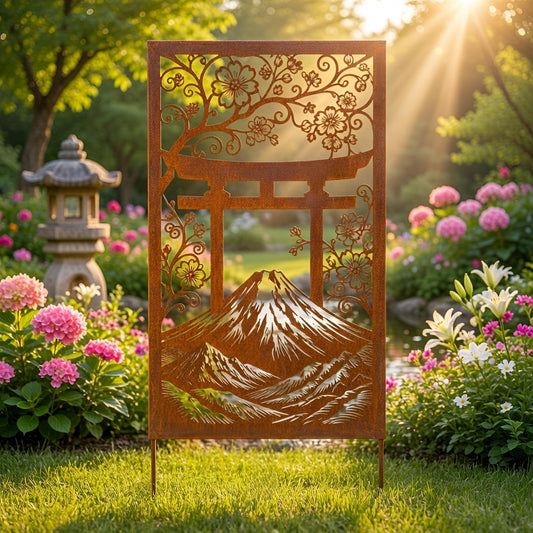 Torii Gate Mount Fuji Garden Stake – Cherry Blossom Metal Panel, Gift For Japanese Garden Lover