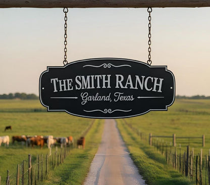 Personalized Ranch Sign – Custom Family Name & Location Hanging Metal Farm Decor, Housewarming Gift