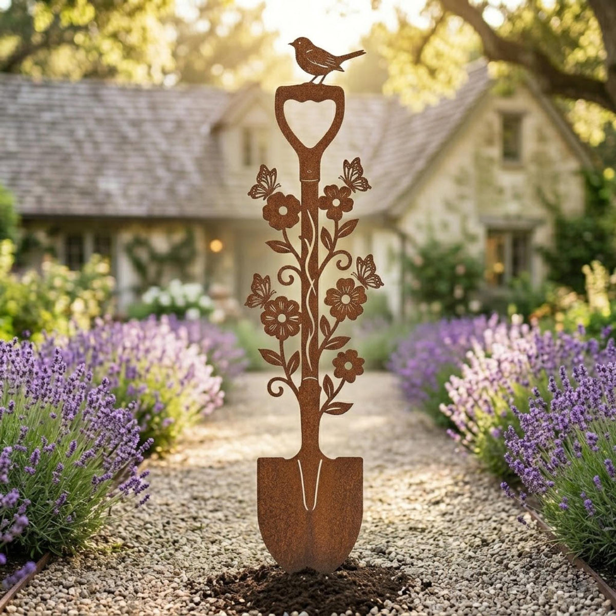 Rustic Garden Spade Stake – Bird And Flower Metal Sculpture, Gift For Gardener