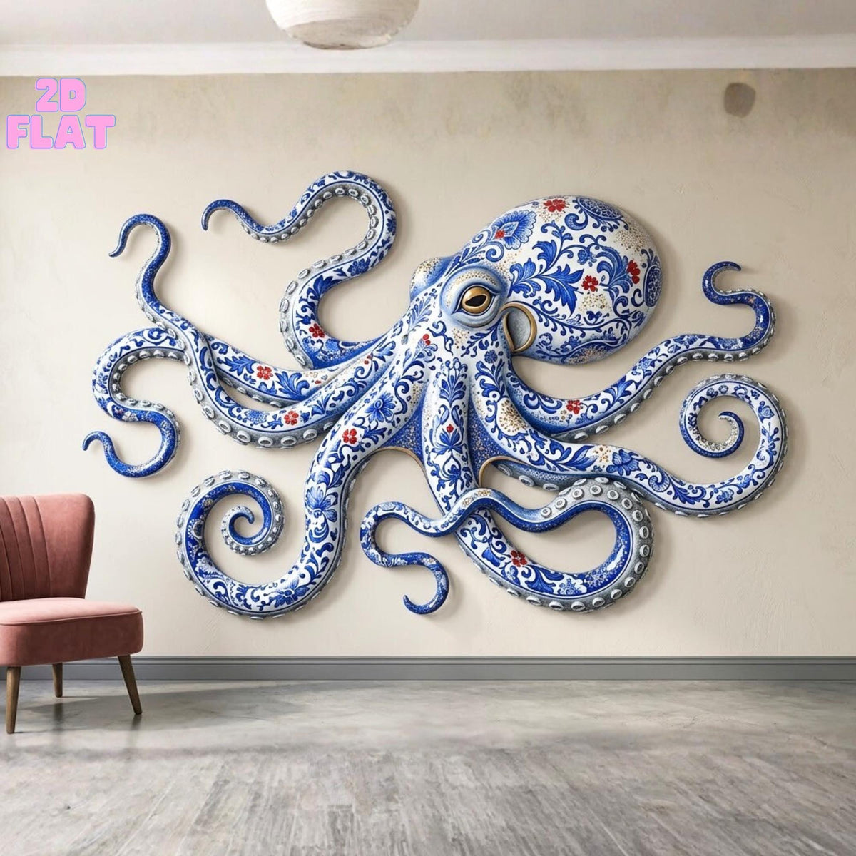 Octopus Metal Wall Art – Blue & White Porcelain Style Coastal Decor, Housewarming Gift