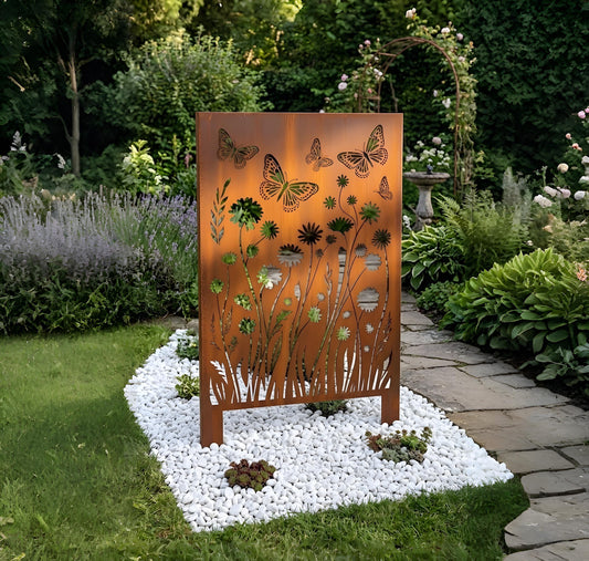 Butterfly Metal Garden Privacy Panel – Rustic Corten Style Wildflower Yard Screen, Gift For Backyard Or Patio