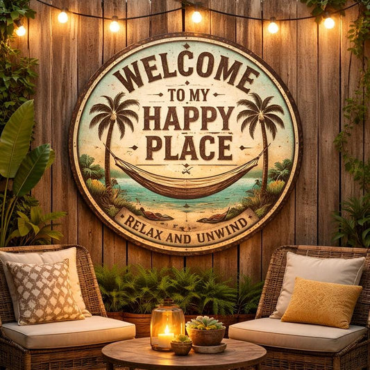 Welcome To My Happy Place Round Metal Sign – Vintage Palm Tree Hammock Beach Decor, Gift For Patio Or Beach House