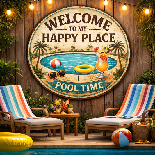 Welcome To My Happy Place Pool Time Metal Sign – Vintage Backyard Oasis Decor, Gift For Pool Owners