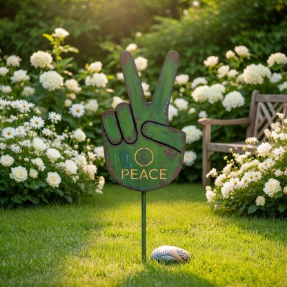 Peace Hand Metal Garden Stake – Rustic Patina Hippie Yard Art, Gift For Boho Garden Or Lawn Decor