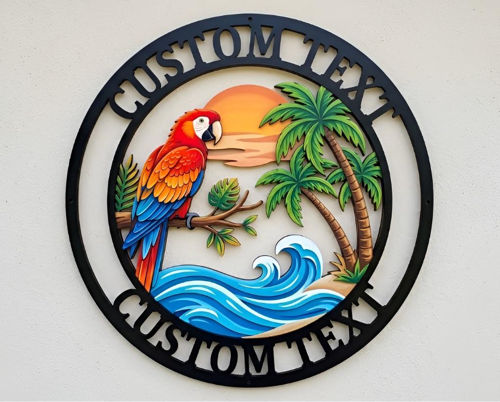 Personalized Tropical Parrot Metal Wall Art – Custom Text Palm Tree Sunset Decor, Gift For Beach House