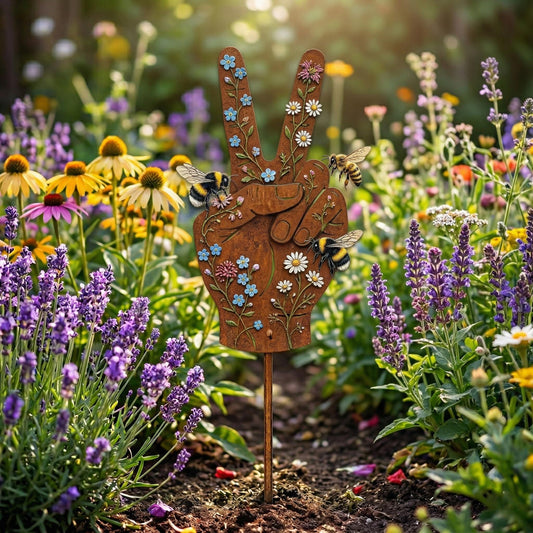 Boho Peace Hand Garden Stake – Wildflower Metal Yard Art, Gift For Hippie Or Bohemian Garden