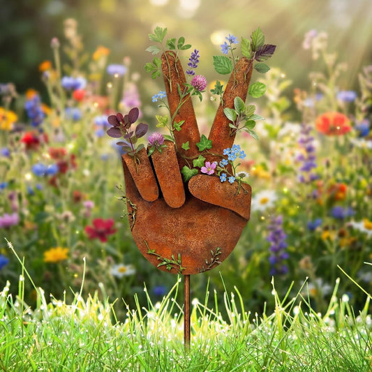 Peace Sign Hand Metal Garden Stake – Wildflower Rustic Yard Art, Gift For Garden Or Nature Lover