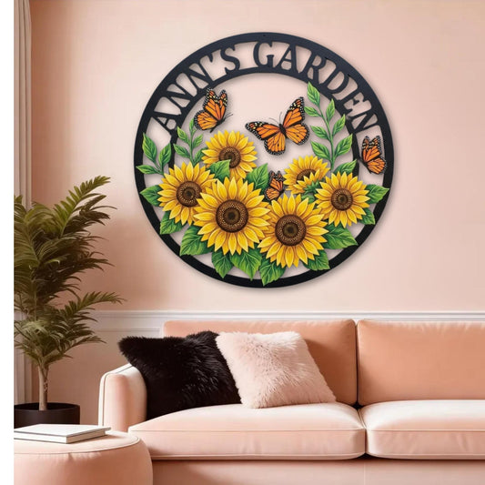 Personalized Sunflower Garden Sign – Custom Name Metal Wall Art, Gift For Gardener Or Housewarming
